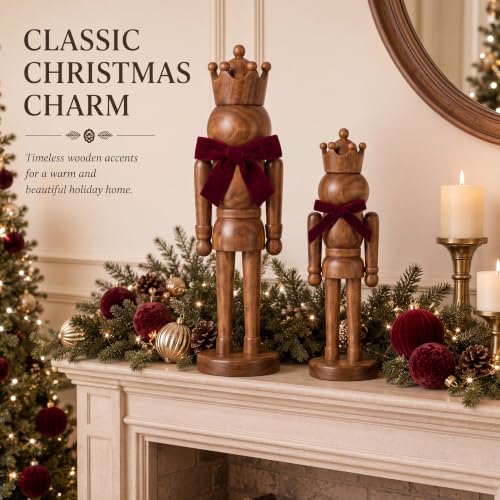 Amyhill 2-Piece Wooden Nutcracker Figures Decor - 14 Inch & 10 Inch, Brown, Velvet Bow Variation