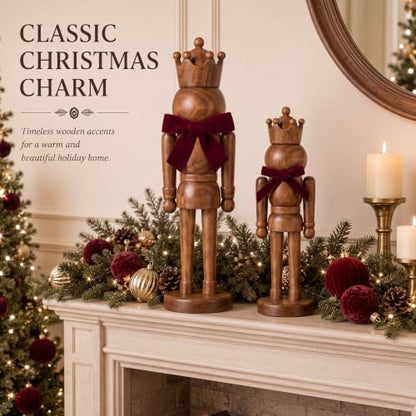 Amyhill 2-Piece Wooden Nutcracker Figures Decor - 14 Inch & 10 Inch, Brown, Velvet Bow Variation
