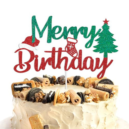 Christmas Cake Topper - Merry Birthday Decorations with Red & Green Glitter