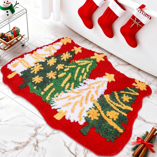 Christmas Bath Mat with Tree Pattern Non-Slip Microfiber Rug - Red Green White