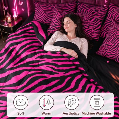 Pink Zebra Comforter Set with Sheets - Twin Size, 7-Piece Bed in a Bag, Hot Pink and Black, Kids Bedroom Bedding