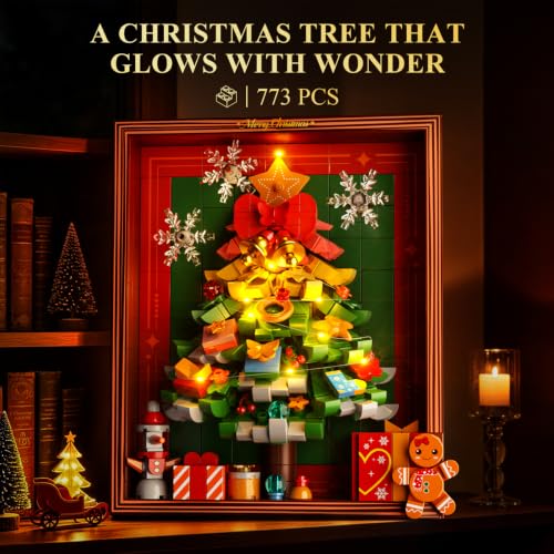 Christmas Tree Building Set with Rotating Snowflakes and LED Lights - Festive Holiday Decor Kit