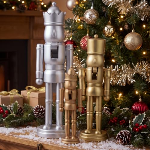 Christmas Nutcracker Ornaments Set - Gold Silver Wooden Decor, Champagne Variation
