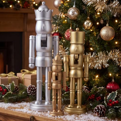 Christmas Nutcracker Ornaments Set - Gold Silver Wooden Decor, Champagne Variation