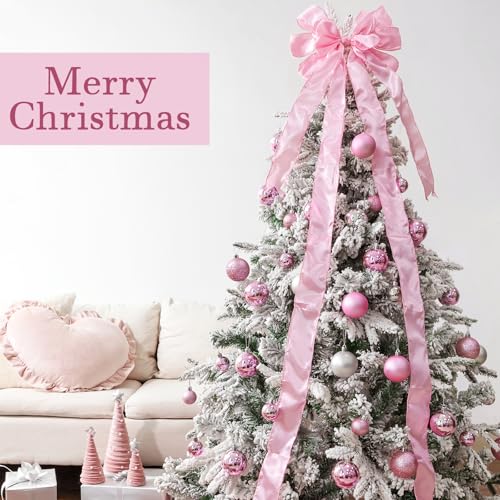 Pink Christmas Tree Topper Bow with Long Streamers - Large Holiday Decoration