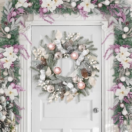 Elyum 20 Inch Christmas Wreath with Lights, Balls, Ribbon, Berries & Pine Cones - Front Door Holiday Decor