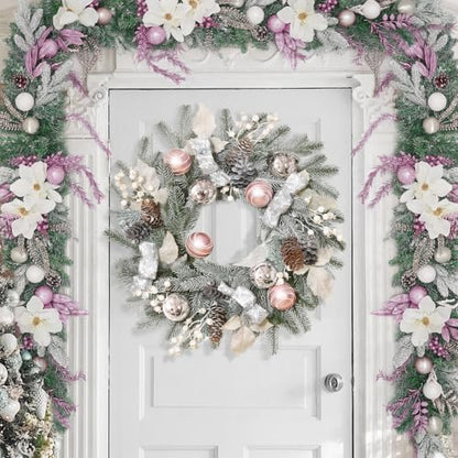 Elyum 20 Inch Christmas Wreath with Lights, Balls, Ribbon, Berries & Pine Cones - Front Door Holiday Decor