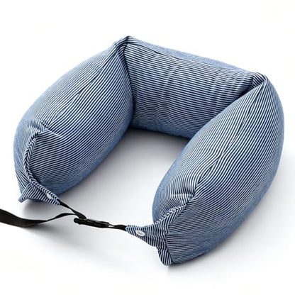 Travel Neck Pillow with Microbeads & Breathable Fabric - Blue Stripes