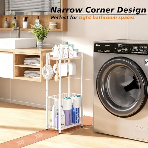 Freestanding Toilet Paper Holder Stand with Hooks & Storage - White