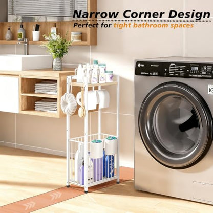 Freestanding Toilet Paper Holder Stand with Hooks & Storage - White