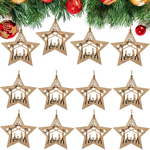 Christmas Nativity Scene Wooden Ornaments Set - Star Shaped, 12 Pieces