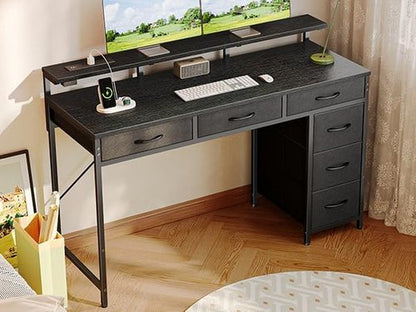 Huuger Gaming Desk - 47 Inch Computer Desk with LED Lights & Power Outlets | Black with 6 Drawers