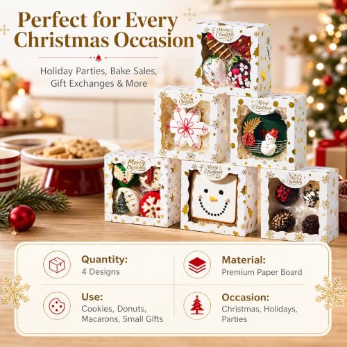 24PCS 4x4x2 Inch Christmas Treat Boxes with Clear Window – White, Gold Foil Pattern, 6 Per Style