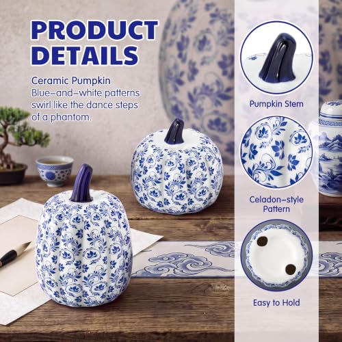 Set of 2 Blue and White Ceramic Pumpkin Decor for Thanksgiving - Chinoiserie Style