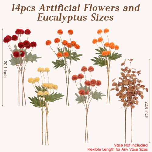 Artificial Fall Flowers with Eucalyptus - 14 Piece Silk Faux Flowers for Vase Decor
