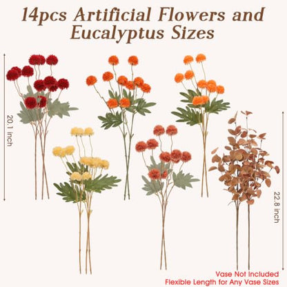 Artificial Fall Flowers with Eucalyptus - 14 Piece Silk Faux Flowers for Vase Decor