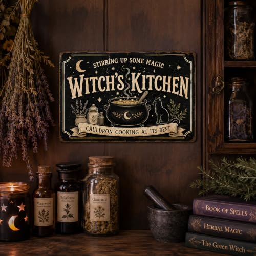 Halloween Metal Art Sign Witch's Kitchen Cauldron Cooking Decor 8x12 Inches - Witch's Magic Theme Wall Art