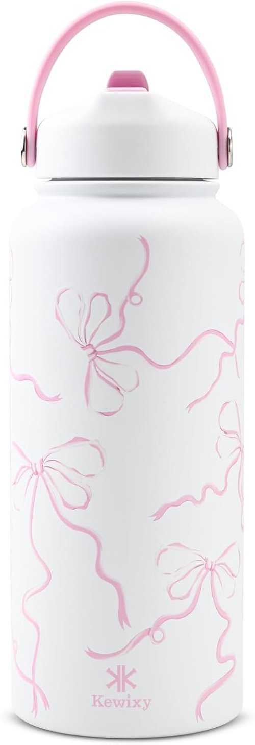 Bow Water Bottle | 32 oz Insulated Stainless Steel with Flip Straw & Handle - Leak Proof, Reusable, Wide Mouth (Breeze Pink)