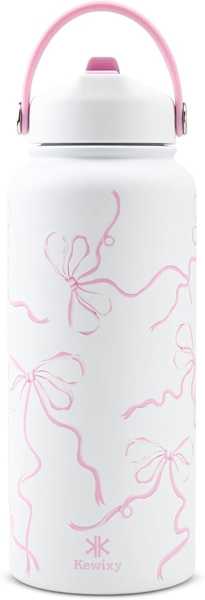 Bow Water Bottle | 32 oz Insulated Stainless Steel with Flip Straw & Handle - Leak Proof, Reusable, Wide Mouth (Breeze Pink)