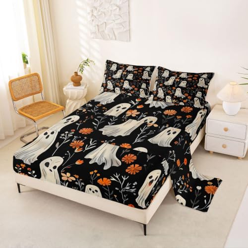 Halloween Ghost Bed Sheets Set King Size Off-White Deep Pocket Microfiber