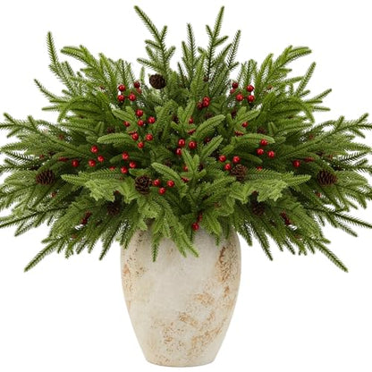 24 Pack Norfolk Pine Stems with Cone and Red Berry - Artificial Holiday Greenery