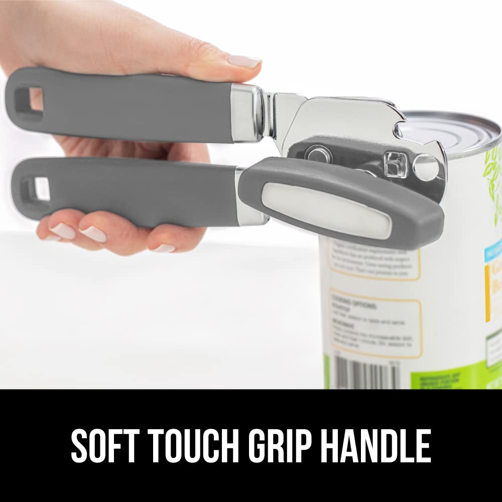 The Original Gorilla Grip Heavy Duty Stainless Steel Smooth Edge Manual Hand Held Can Opener With Soft Touch Handle, Rust Proof Oversized Handheld Easy Turn Knob, Large Lid Openers, Gray