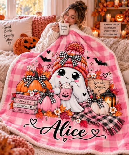 Halloween Ghost Blanket with Personalizable Name - Cozy Fall Throw for Couch & Bed, New9
