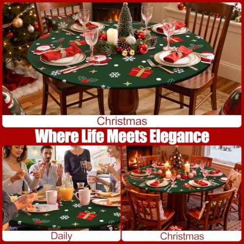 Christmas Round Spandex Tablecloth Fitted Cover for 45-56 Inch Tables - Green & White