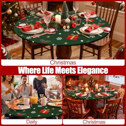 Christmas Round Spandex Tablecloth Fitted Cover for 45-56 Inch Tables - Green & White