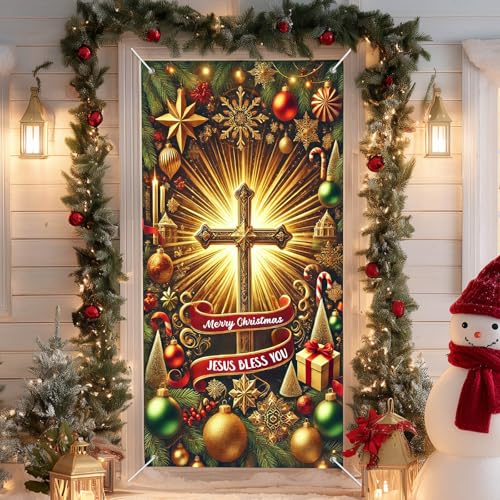IVN Christmas Golden Cross Door Cover Decoration Banner 71x35 Inch - Holiday Welcome
