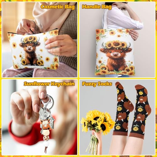 Sunflower Highland Cow Gift Set with Tumbler Tote Bag Socks - Cute Christmas Present