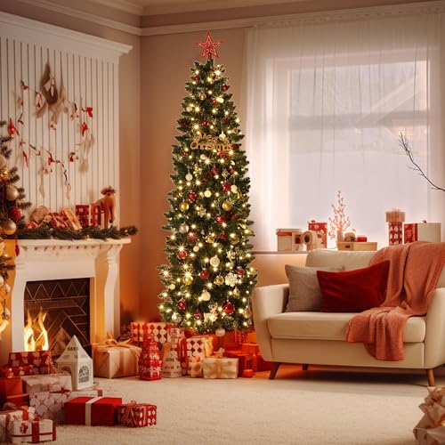 GAOMON 7.5FT Artificial Christmas Tree - Pre-Lit Green Slim Xmas Tree with LED Light & Stand