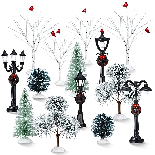 Christmas Village Scene Set with Miniature Trees & Street Lamps - 14 Pcs