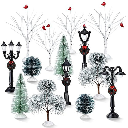 Christmas Village Scene Set with Miniature Trees & Street Lamps - 14 Pcs