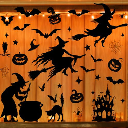 Castle Halloween Window Clings Set - Large Witch Bats Decor for Windows, Black, 6 Sheets - Variation: Castle