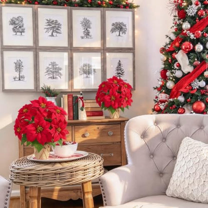 Mini Potted Christmas Poinsettia Flowers - 13 Inch Red Faux Plant, Rustic Decor