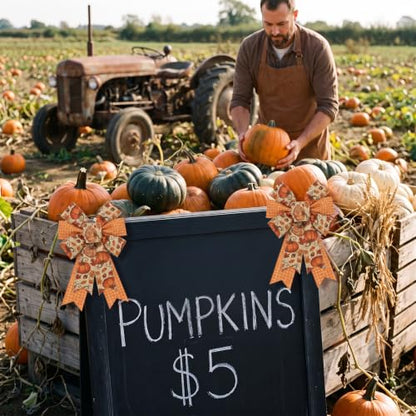 Fall Pumpkin Bows for Front Door Decor - 2 Pack Smaller Pumpkin Wreath Accents