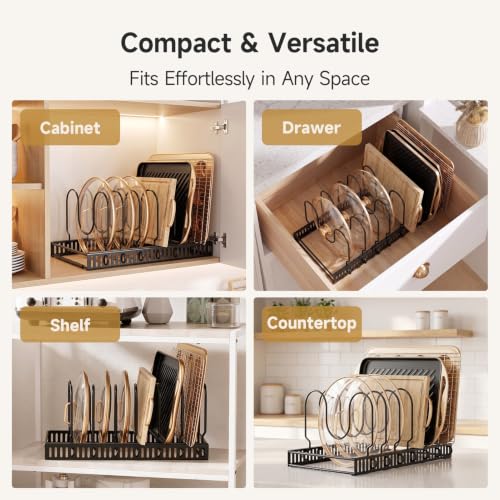 MUDEELA Pot Lid Organizer for Cabinet - Adjustable Baking Pan Rack 7 Slots - 7 Dividers