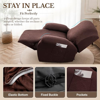Dark Coffee Recliner Chair Cover 24-33in Stretch Washable 4-Piece Set