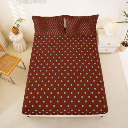 Kids Full Size Fitted Sheet Set Blue Brown Geometric Polka Dot Bedding - 2 Pillowcases