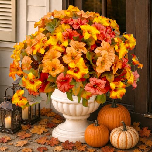 Artificial Fall Flowers Outdoor 4PCS Sunset Orange & Green Bicolor