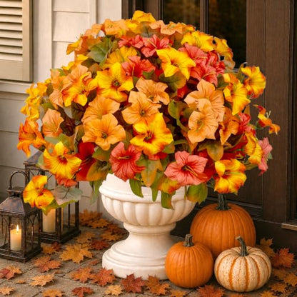 Artificial Fall Flowers Outdoor 4PCS Sunset Orange & Green Bicolor