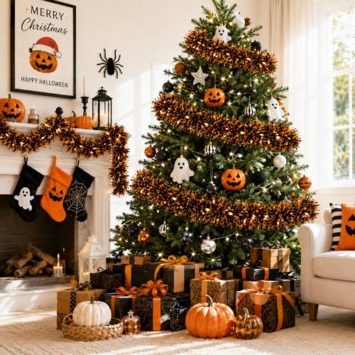 Halloween Tinsel Garland 50 FT Orange Shiny Festive Decor