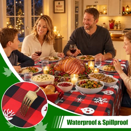 Christmas Table Cloth - Red & Black Round Flannel Backed Vinyl 60 Inch