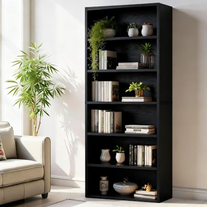 6-Tier Bookcase - 63 Inch Tall Open Bookshelf in Modern Black - DUMOS