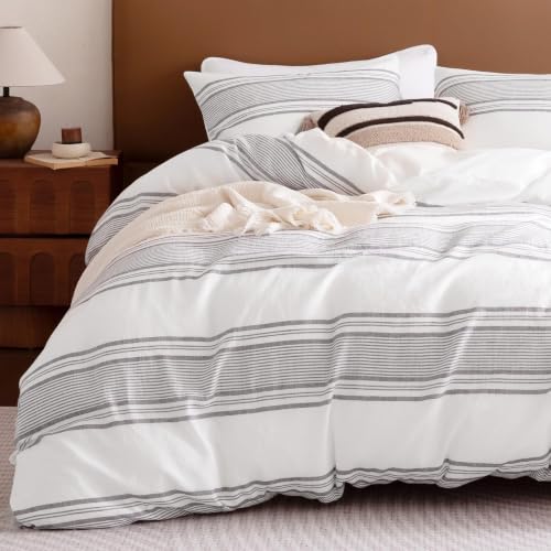 Queen Duvet Cover Set - Striped Lyocell Linen Blend, Dark Gray - Sleep Zone