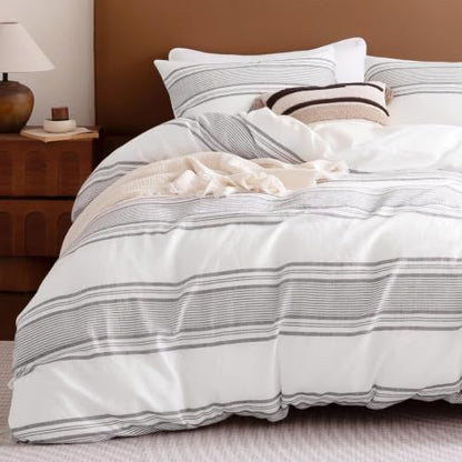 Queen Duvet Cover Set - Striped Lyocell Linen Blend, Dark Gray - Sleep Zone