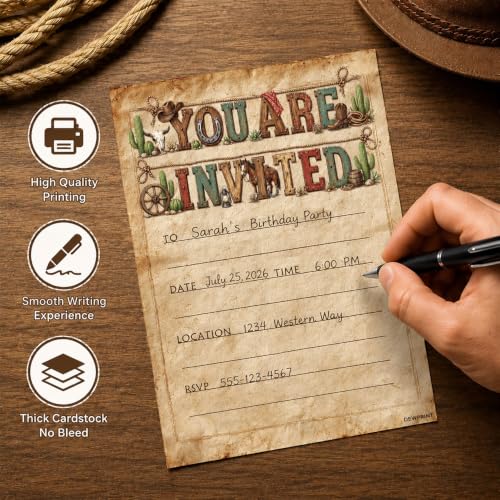 Western Cowboy Birthday Party Invitations Walnut 10 Pack with Envelopes Rustic Rodeo Theme