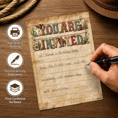 Western Cowboy Birthday Party Invitations Walnut 10 Pack with Envelopes Rustic Rodeo Theme