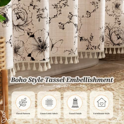 Vintage Black Floral Shower Curtain 72x72 Inches with 12 Clear Hooks - Boho Farmhouse Style